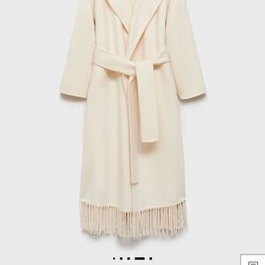 Mango Cream Fringe Belted Wool-Blend Cape Coat